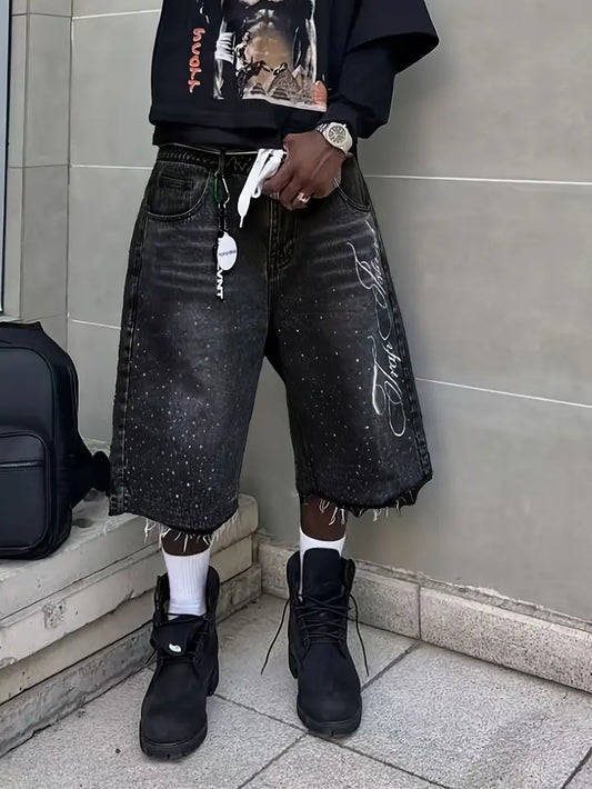 Men's Retro Washed Denim Shorts – Wide-Leg Cropped Jeans with Straight Fit & Casual Streetwear Style