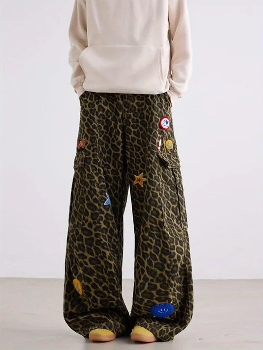 Men’s Leopard Print Wide-Leg Jeans – Washed Faux Denim with Fringe Hem & Zipper Closure, Retro Style