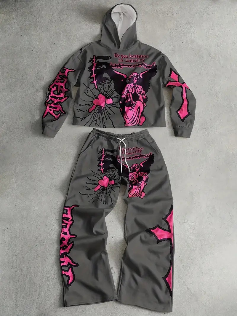 Men's 3D Angel Heart Hoodie Set Polyester Casual Streetwear Two-Piece Outfit with Graphic Sweatshirt & Pants