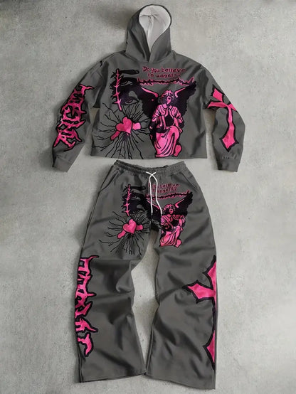 Men's 3D Angel Heart Hoodie Set Polyester Casual Streetwear Two-Piece Outfit with Graphic Sweatshirt & Pants