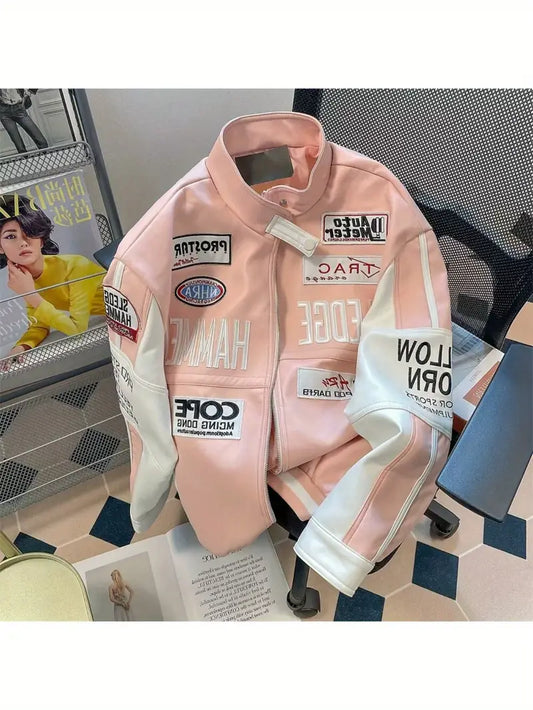Unisex Heavy-Duty Embroidered Motorcycle Jacket – PU Leather Softshell Baseball Style with Stand Collar & Zipper Closure