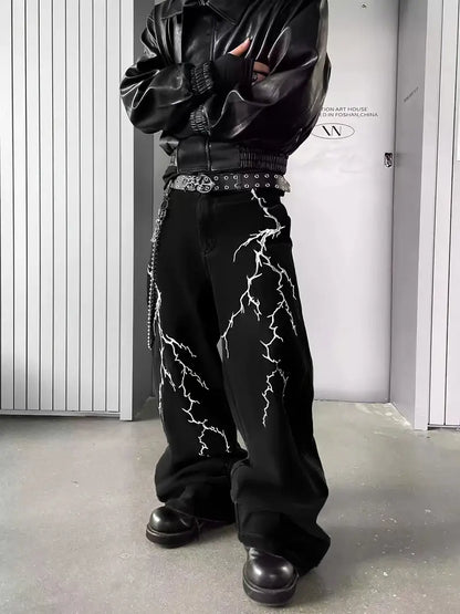 Men’s Retro Lightning Bolt Embroidered Jeans – Loose Straight-Leg, Cotton Blend, Versatile Streetwear