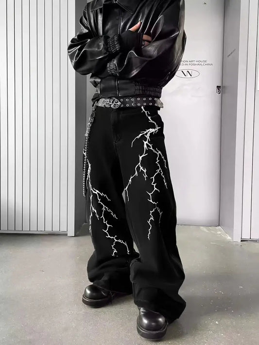 Men’s Retro Lightning Bolt Embroidered Jeans – Loose Straight-Leg, Cotton Blend, Versatile Streetwear