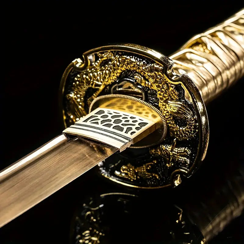 Golden Dragon Samurai Sword – High Manganese Steel, Ornate Tanto Blade, Riveted Handle, Historical Replica for Festive Displays