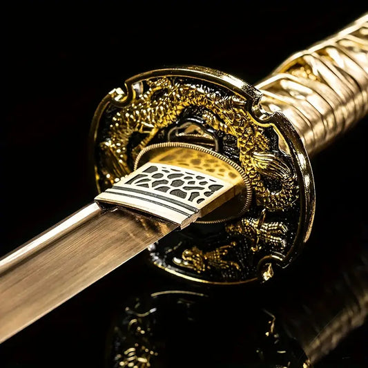 Golden Dragon Samurai Sword – High Manganese Steel, Ornate Tanto Blade, Riveted Handle, Historical Replica for Festive Displays