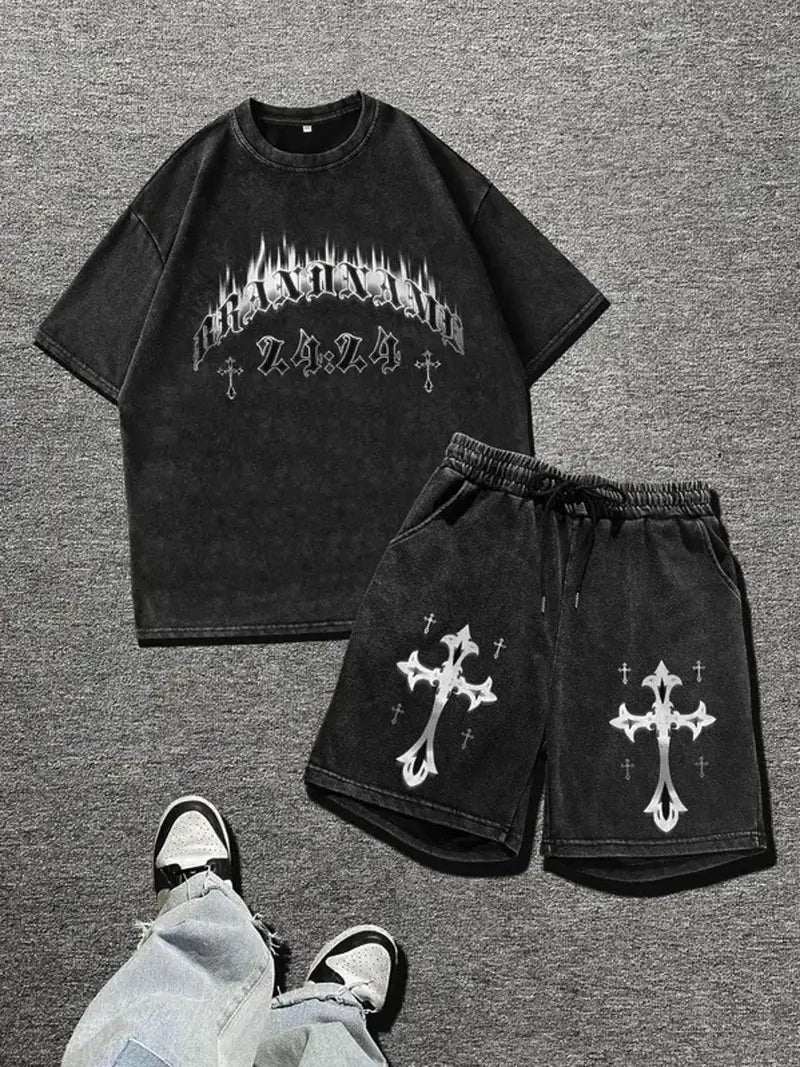 Men's Washed Cotton T-Shirt and Shorts Set with Cross Print – Summer Casual Outfit