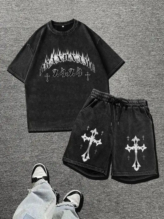 Men's Washed Cotton T-Shirt and Shorts Set with Cross Print – Summer Casual Outfit