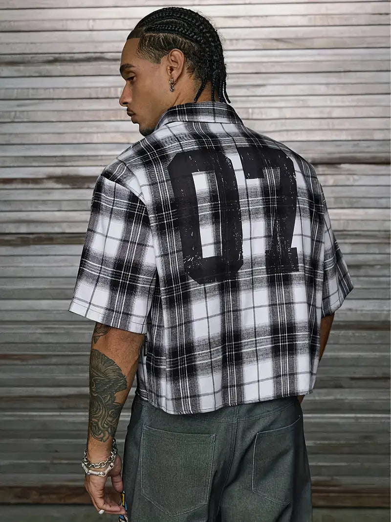 Men's Casual Short Sleeve Striped Print Shirt Loose Fit Button-Up Plaid and Solid Color Splice Design