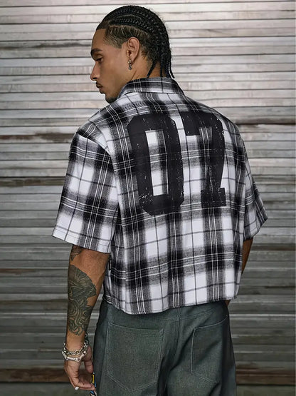Men's Casual Short Sleeve Striped Print Shirt Loose Fit Button-Up Plaid and Solid Color Splice Design