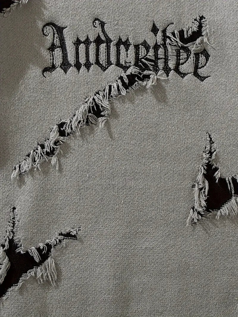 Men's Distressed Letter Sweater – Black Pullover, Scratched Knit, Streetwear for Autumn Winter Fashion