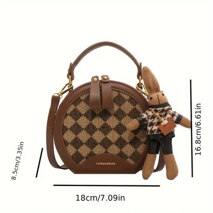 Women’s Elegant Coffee Brown Crossbody Bag – Large Capacity Shoulder Purse with Checkered Pattern, Golden Hardware & Oiled Edge Finish