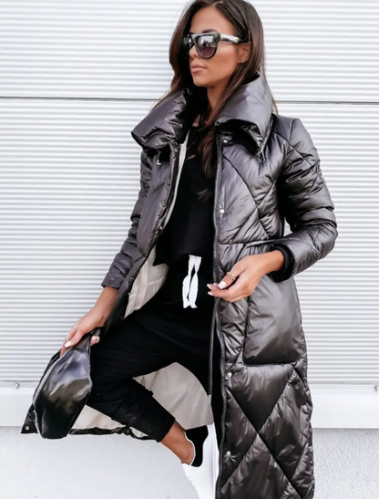 Women's Plus Size Hooded Full-Zip Jacket Long Sleeve Winter Coat with Lapel Collar Golden-Tone Thigh Length