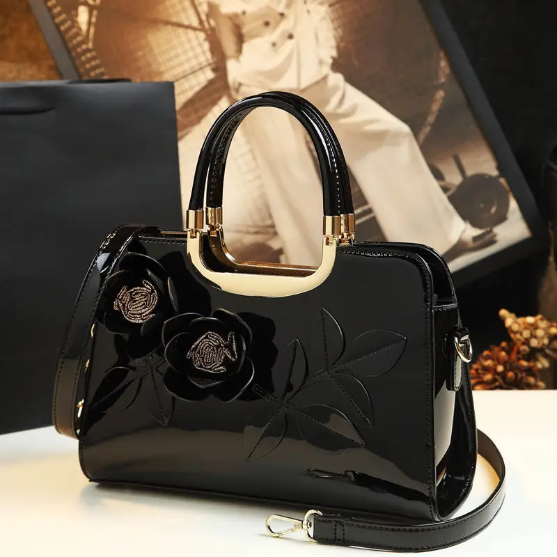 Women’s Elegant Handbag – Zipper Closure Purse with Floral Embroidery, Gold-Toned Hardware & Oil-Edged Finish in Burgundy, Black & Green