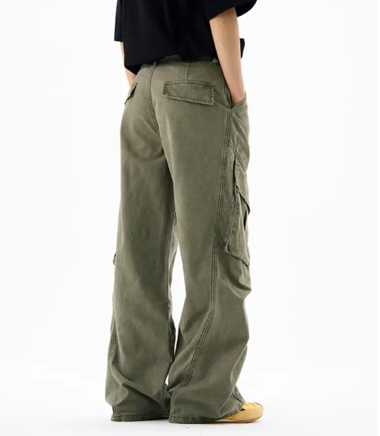 Men’s Cargo Pants – Loose Fit Draped Trousers with Large Pockets, Retro Streetwear Style Green