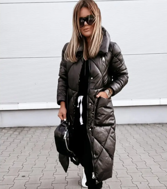 Women's Plus Size Hooded Full-Zip Jacket Long Sleeve Winter Coat with Lapel Collar Golden-Tone Thigh Length