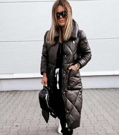 Women's Plus Size Hooded Full-Zip Jacket Long Sleeve Winter Coat with Lapel Collar Golden-Tone Thigh Length