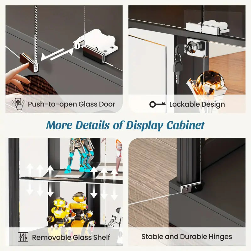 71'' Tall RGB LED Display Cabinet with Glass Doors Smart Modern Curio Case with Removable Shelves MDF Frame and Panel for Collectibles Books Medals Figures Black White