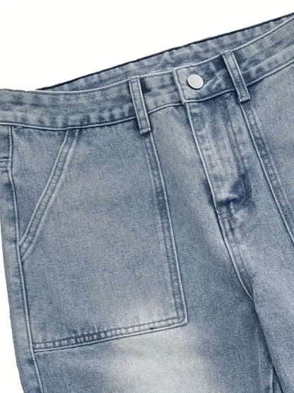 Men’s Flame Embroidery Jeans – Loose Fit Black Denim with Zipper Fly & Streetwear Stitching