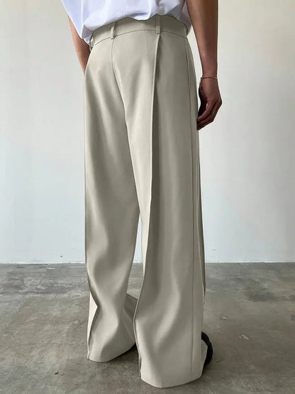 Men’s Wide-Leg Trousers – Solid Color Polyester Pants with Drawstring Waist, Casual to Formal Wear