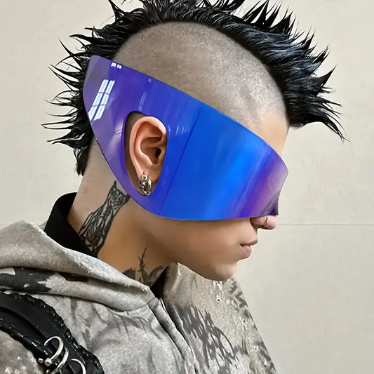 Punk Rimless Oversized Wrap-Around Glasses – Glossy Shield Design with Decorative Lens, Unisex Futuristic Eyewear for Streetwear & Parties