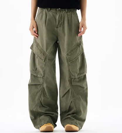 Men’s Cargo Pants – Loose Fit Draped Trousers with Large Pockets, Retro Streetwear Style Green