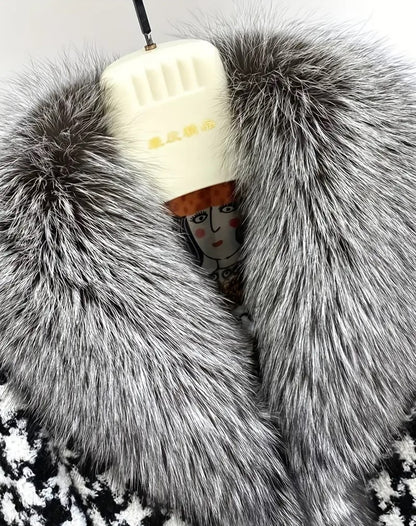 Women's Short Checked Overcoat with Faux Fur Collar Long Sleeves Loose Fit Casual Winter Jacket