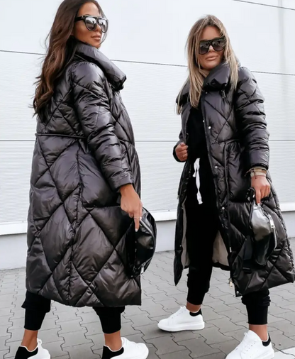 Women's Plus Size Hooded Full-Zip Jacket Long Sleeve Winter Coat with Lapel Collar Golden-Tone Thigh Length