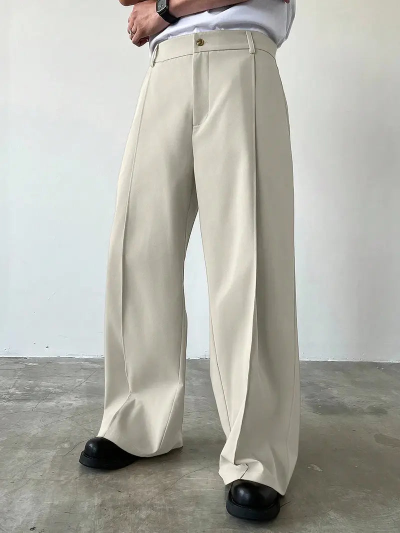 Men’s Wide-Leg Trousers – Solid Color Polyester Pants with Drawstring Waist, Casual to Formal Wear