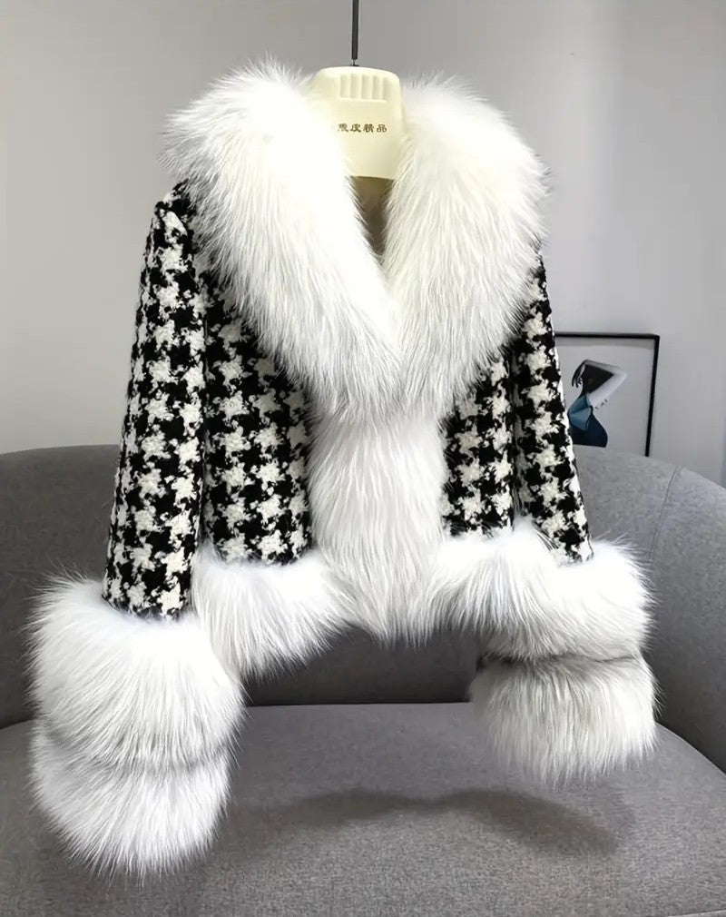 Women's Short Checked Overcoat with Faux Fur Collar Long Sleeves Loose Fit Casual Winter Jacket
