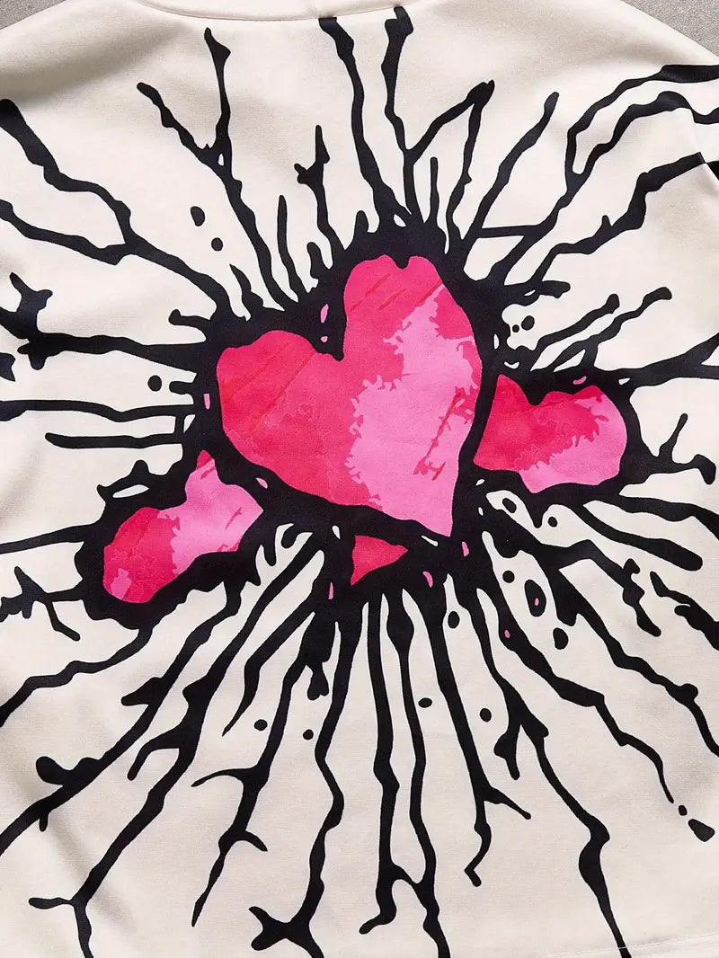 Men's 3D Angel Heart Hoodie Set Polyester Casual Streetwear Two-Piece Outfit with Graphic Sweatshirt & Pants White/Pink