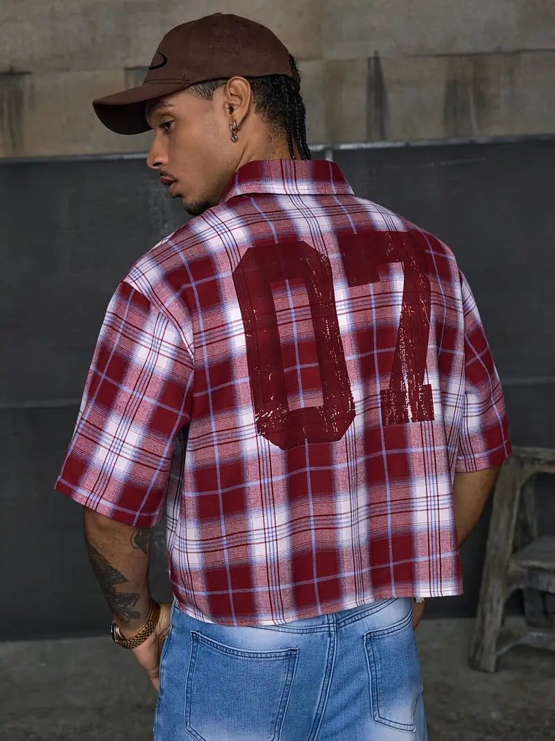 Men's Casual Short Sleeve Striped Print Shirt Loose Fit Button-Up Plaid and Solid Color Splice Design Khaki Crimson