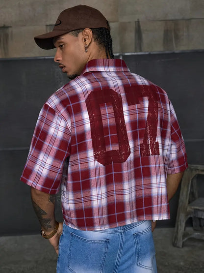 Men's Casual Short Sleeve Striped Print Shirt Loose Fit Button-Up Plaid and Solid Color Splice Design Khaki Crimson