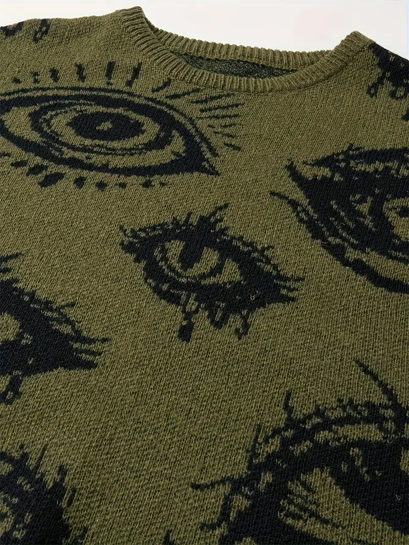 Eye Graphic Sweater – Unisex Streetwear Pullover, Black & White Knit, Fall Winter Fashion