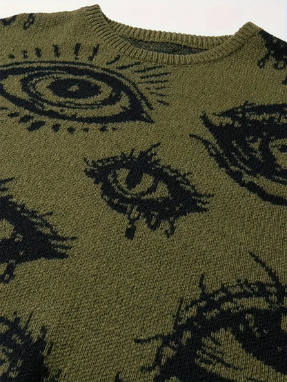 Eye Graphic Sweater – Unisex Streetwear Pullover, Black & White Knit, Fall Winter Fashion