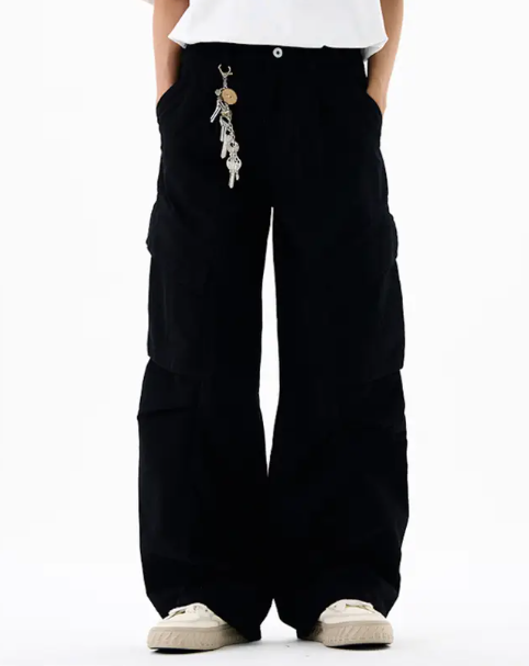 Men’s Cargo Pants – Loose Fit Draped Trousers with Large Pockets, Retro Streetwear Style Black