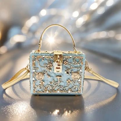 Ladies Acrylic Rhinestone Evening Clutch – Square Box Glitter Crossbody Purse with Zipper Closure & Golden-Tone Hardware