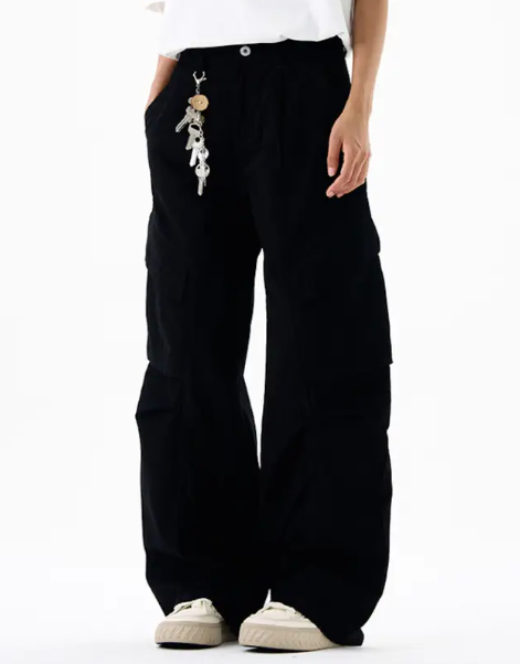 Men’s Cargo Pants – Loose Fit Draped Trousers with Large Pockets, Retro Streetwear Style Black