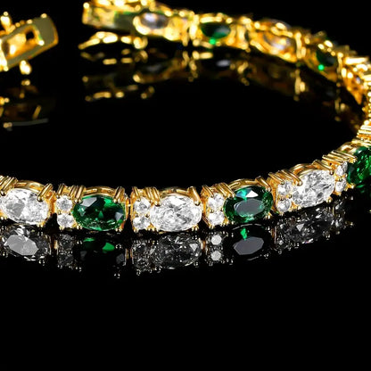 Luxurious 5mm Oval Green & White 5A Zirconia Tennis Bracelet – 18K Gold-Plated Copper, Double Clasp Closure, Elegant Hip-Hop Style for Women