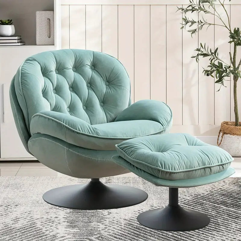 Velvet Swivel Accent Chair with Ottoman – Modern Tufted Armchair, 360° Rotation, Footrest Included