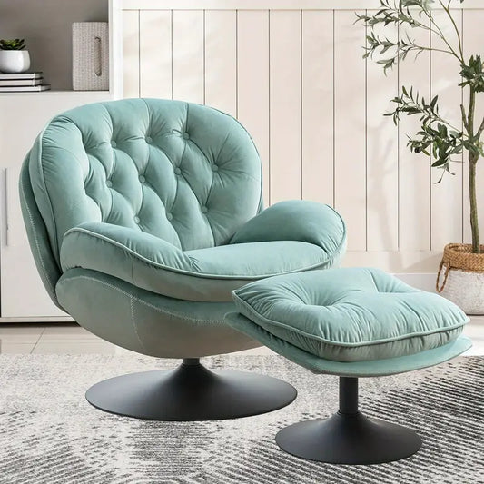 Velvet Swivel Accent Chair with Ottoman – Modern Tufted Armchair, 360° Rotation, Footrest Included