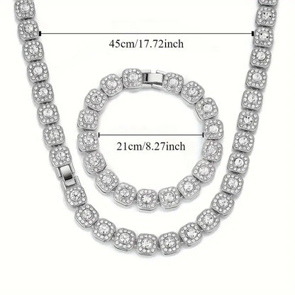 2pcs Vintage 18K Gold-Plated Cuban Chain Set – Stainless Steel Necklace & Bracelet with Synthetic Cubic Zirconia, Hip-Hop Style Jewelry for Men & Women