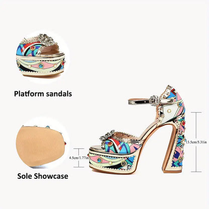 Women’s Elegant High-Heeled Sandals – Thick Platform Heels with Cushioned Insole, Buckle Closure & Sparkling Finish for Formal, Casual & Party Wear