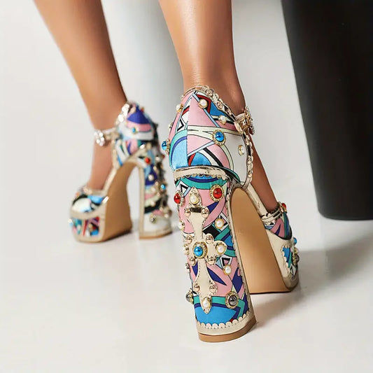 Women’s Elegant High-Heeled Sandals – Thick Platform Heels with Cushioned Insole, Buckle Closure & Sparkling Finish for Formal, Casual & Party Wear