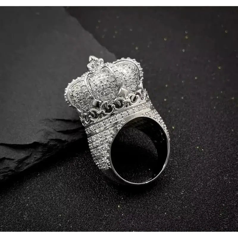 Men’s King Crown Moissanite Ring – 925 Sterling Silver, Hip-Hop Street Style, Iced-Out Pinky Ring