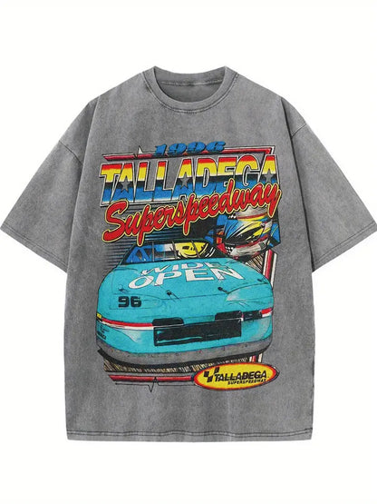 Men's Vintage Monaco Racing Graphic T-Shirt Heavyweight Cotton Loose Fit Washed Finish Short Sleeve Tee Grey