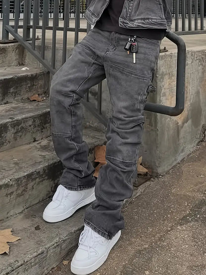 Men’s Korean Streetwear Jeans – Slim-Fit Faux Denim with Raw Hem, Black & Gray Washed Trousers