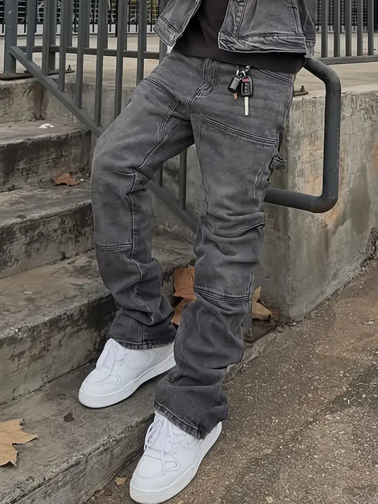 Men’s Korean Streetwear Jeans – Slim-Fit Faux Denim with Raw Hem, Black & Gray Washed Trousers