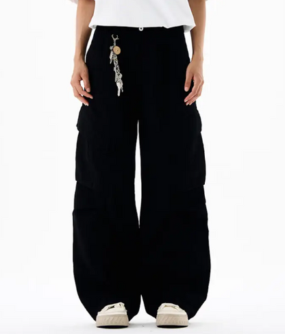 Men’s Cargo Pants – Loose Fit Draped Trousers with Large Pockets, Retro Streetwear Style Black