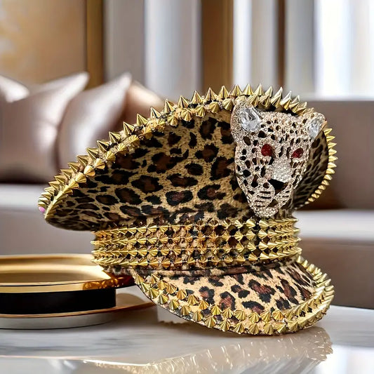 Festival Bling Leopard Print Captain Hat – Rhinestone Military Cap for Raves, Cosplay & Music Festivals