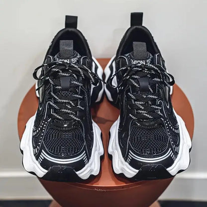 Men’s Retro Running Sneakers – Geometric Wave Sole, Breathable Mesh Upper